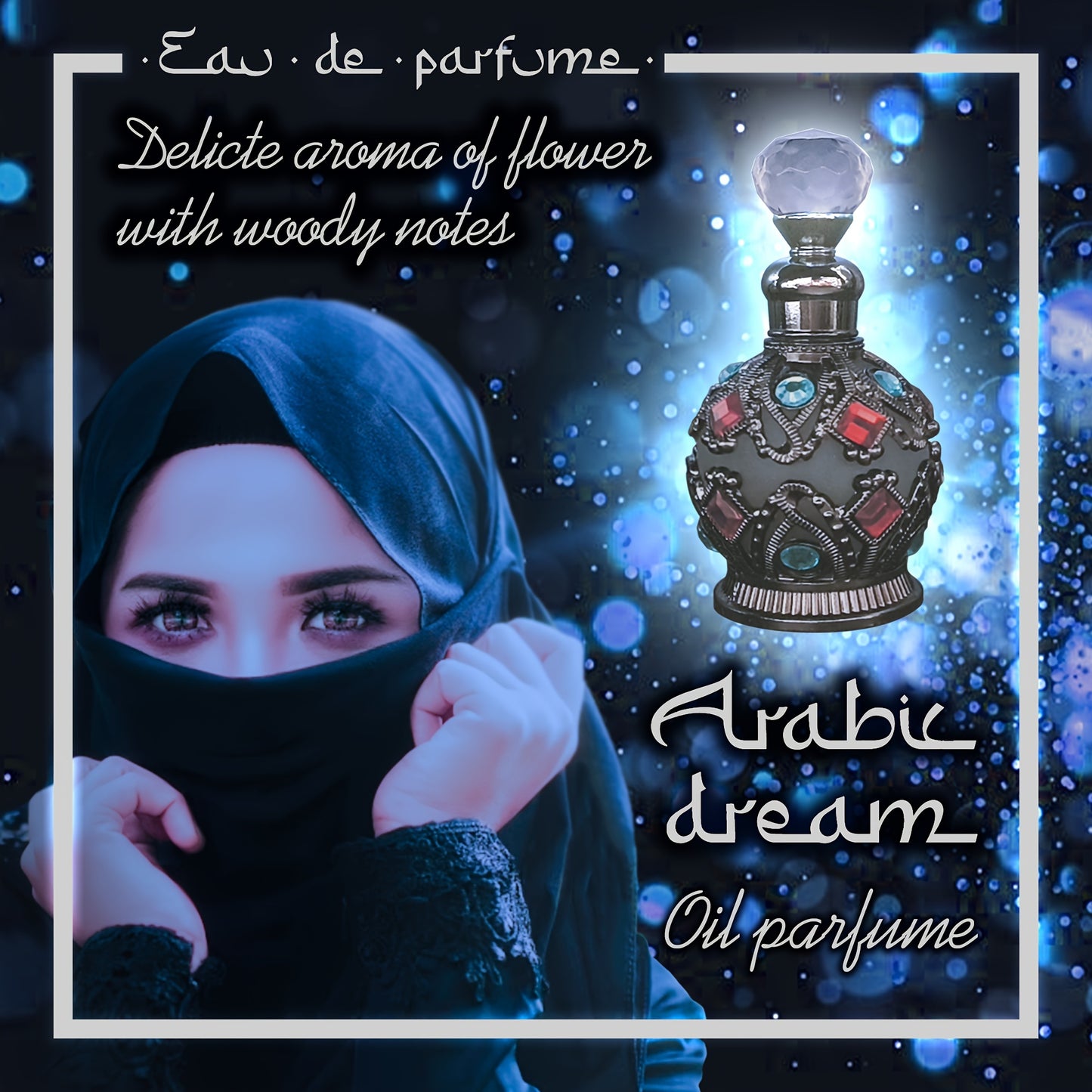 Enchanted Arabian Dreams 50ml Essential Oil Perfume for Women - Luxurious, Exotic Floral & Fruity Scent, Alcohol-Free & Paraben-Free, Ideal for Daily Wear, Dates & Parties - Elegant Blue & Golden Packaging with Intricate Deco