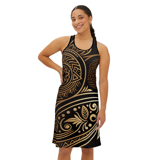 Elegant Bohemian Women's Racerback Dress - Gold and Black Pattern