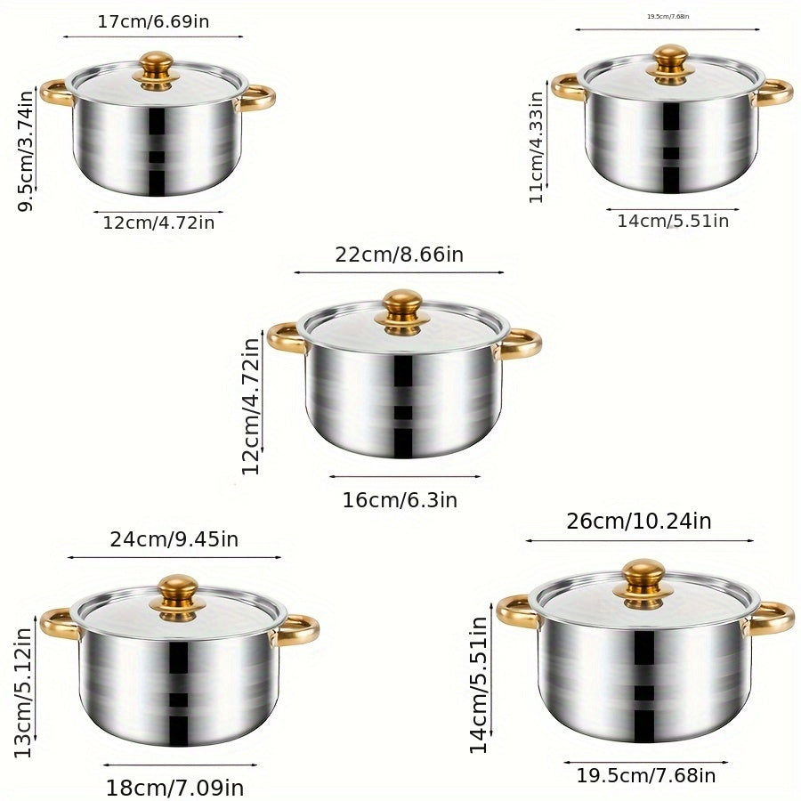 5pcs Premium 410 Stainless Steel Cookware Set with Elegant Golden Handles - Polished Finish, Induction Cooktop Compatibility, Sizes 18/20/22/24/26cm - Ideal for Healthy & Stylish Cooking