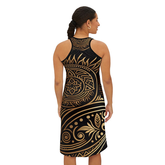 Elegant Bohemian Women's Racerback Dress - Gold and Black Pattern