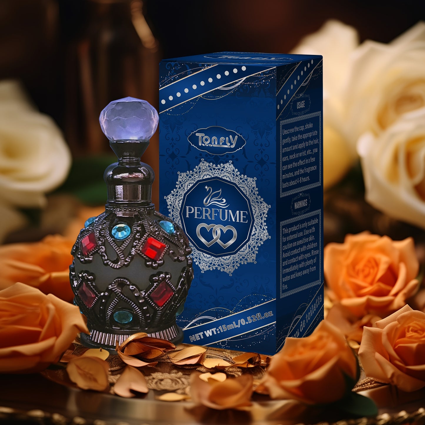 Enchanted Arabian Dreams 50ml Essential Oil Perfume for Women - Luxurious, Exotic Floral & Fruity Scent, Alcohol-Free & Paraben-Free, Ideal for Daily Wear, Dates & Parties - Elegant Blue & Golden Packaging with Intricate Deco