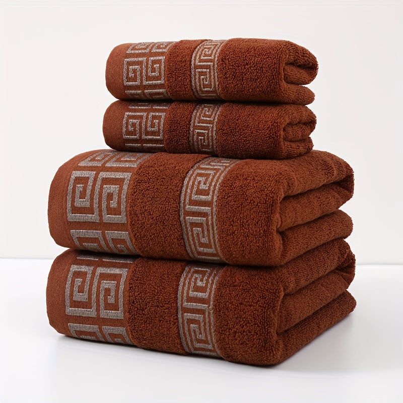 4pcs Luxury Bath Towel Set, 400GSM, Geometric Embroidery, Soft & Highly Absorbent, Cotton, No Shedding or Fading, Perfect for Home, Kitchen, Travel, Gift for Family & Friends