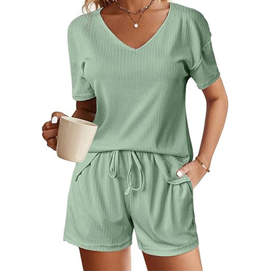 European And American Solid Color And V-neck Short Sleeve Waist Drawstring Shorts Two-piece Set