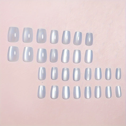 30pcs Ice Transparent Blue Cat Eye Nail Stickers + 1pc Jelly Glue + 1pc Friction Strip Suitable for Women's Daily Nail Decoration