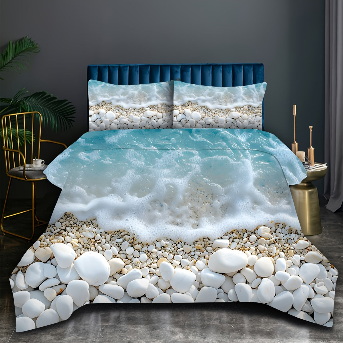 2/3pcs Seaside Pebble Pattern Printed Bedding, Soft, Comfortable and Breathable, with 1/2 Matching Pillowcases - Without Filling, 1 Quilt Cover + 1/2 Pillowcase, Without Core, Suitable for Bedroom, Dormitory, Guest Room and H