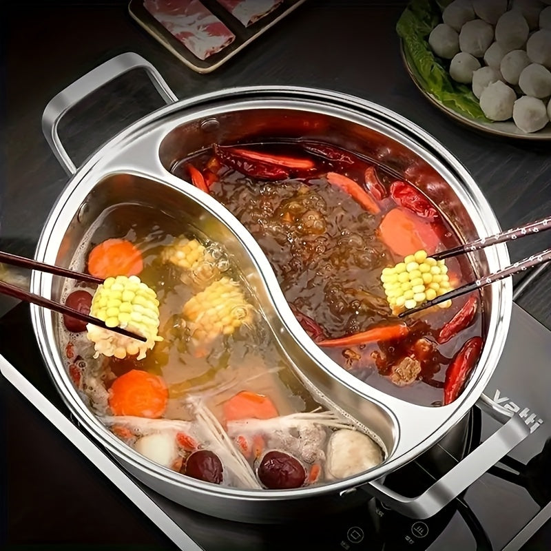 1pc Stainless Steel Dual-Compartment Hot Pot, Chinese Style with Divider, Compatible with Induction Cooktops, Two Flavors Sharing Design, Thickened Home Use Dual-Flavor Soup Pot