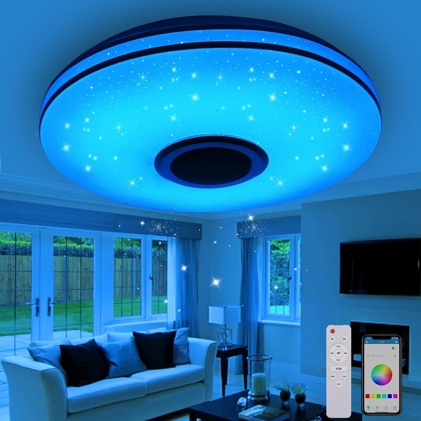 1pc LED Ceiling Light with BT Speaker, Modern Dimmable RGBW Ceiling Lamp with Remote Control - Adjustable Color Temperature, Starry Night Design, Perfect for Bedroom, Kitchen, Children Room, Living Room - 110V-240V Compatible