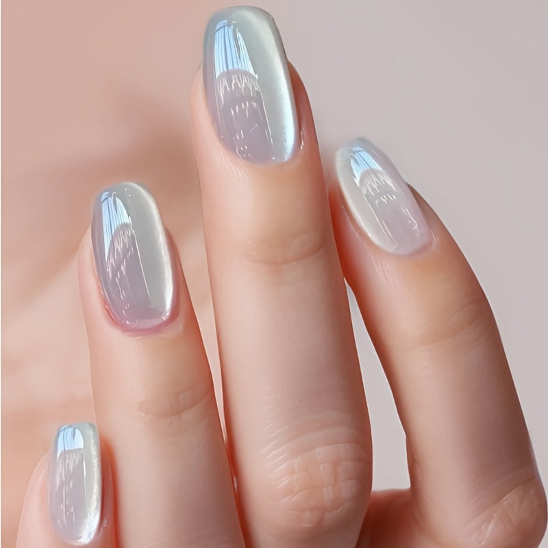 30pcs Ice Transparent Blue Cat Eye Nail Stickers + 1pc Jelly Glue + 1pc Friction Strip Suitable for Women's Daily Nail Decoration