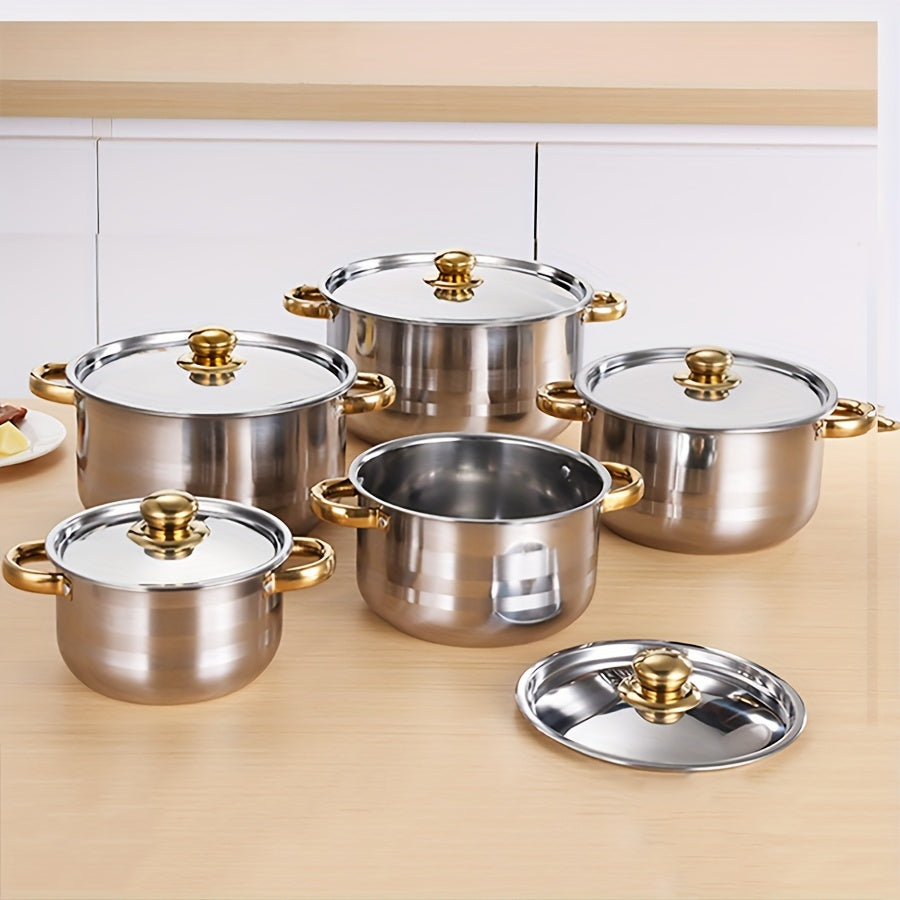 5pcs Premium 410 Stainless Steel Cookware Set with Elegant Golden Handles - Polished Finish, Induction Cooktop Compatibility, Sizes 18/20/22/24/26cm - Ideal for Healthy & Stylish Cooking