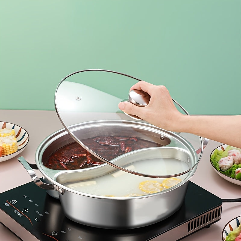 1pc Stainless Steel Dual-Compartment Hot Pot, Chinese Style with Divider, Compatible with Induction Cooktops, Two Flavors Sharing Design, Thickened Home Use Dual-Flavor Soup Pot