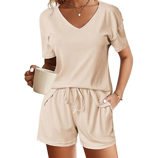 European And American Solid Color And V-neck Short Sleeve Waist Drawstring Shorts Two-piece Set