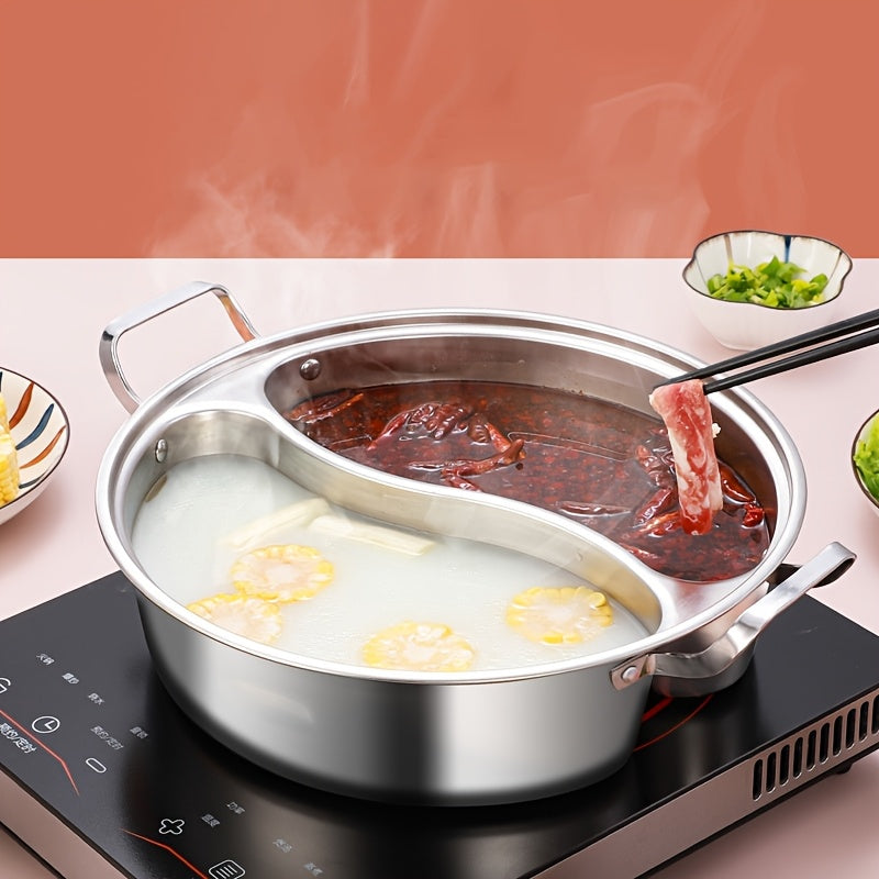 1pc Stainless Steel Dual-Compartment Hot Pot, Chinese Style with Divider, Compatible with Induction Cooktops, Two Flavors Sharing Design, Thickened Home Use Dual-Flavor Soup Pot