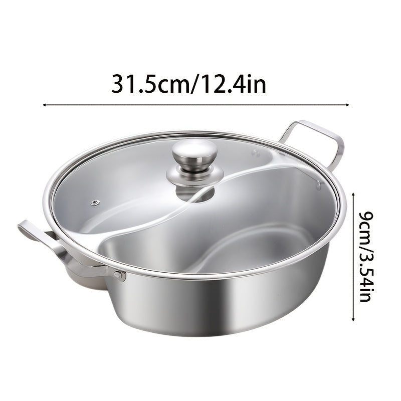 1pc Stainless Steel Dual-Compartment Hot Pot, Chinese Style with Divider, Compatible with Induction Cooktops, Two Flavors Sharing Design, Thickened Home Use Dual-Flavor Soup Pot