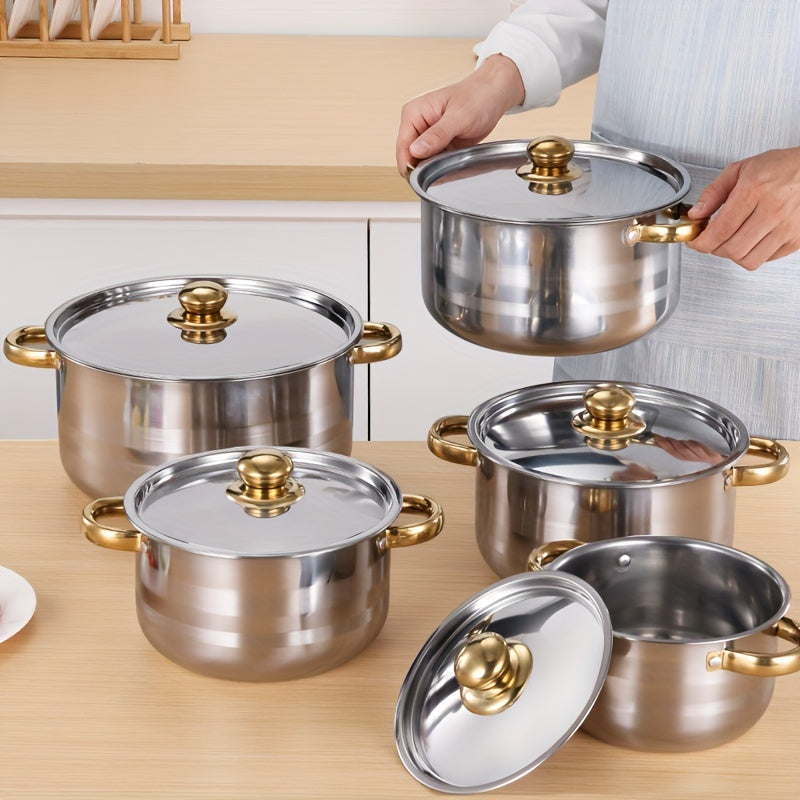 5pcs Premium 410 Stainless Steel Cookware Set with Elegant Golden Handles - Polished Finish, Induction Cooktop Compatibility, Sizes 18/20/22/24/26cm - Ideal for Healthy & Stylish Cooking