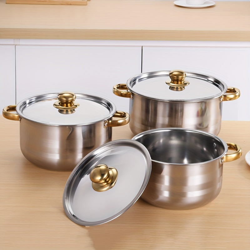 5pcs Premium 410 Stainless Steel Cookware Set with Elegant Golden Handles - Polished Finish, Induction Cooktop Compatibility, Sizes 18/20/22/24/26cm - Ideal for Healthy & Stylish Cooking