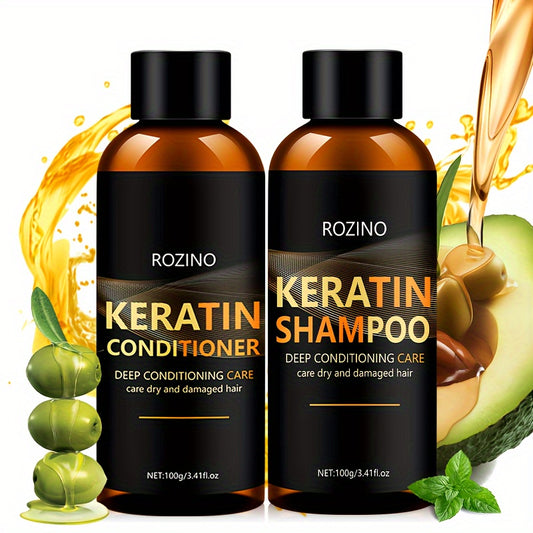 ROZINO Keratin Shampoo and Conditioner Set, 2pcs - Deep Conditioning and Cleaning Care for Dry Hair, Unisex-adult, Glycerin Enriched, Smooth Silky Finish, Hydrating Long-Lasting Scent, Hair Care Combo