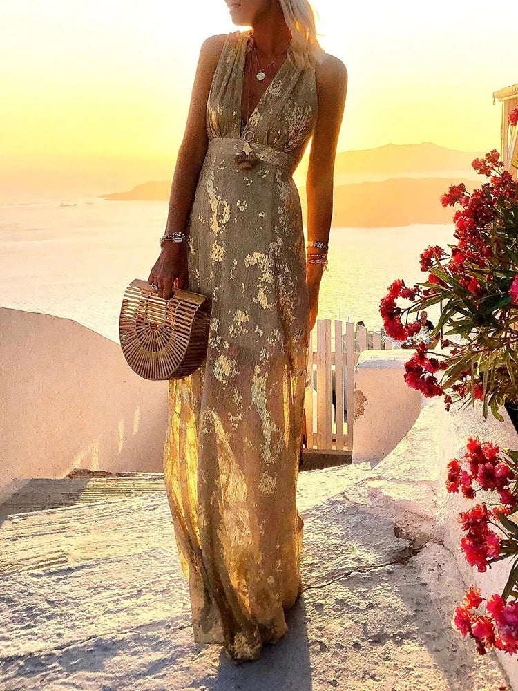 Summer Hollow High Waist Hem Tank Dress Elegant Gold Print Sleeveless Long Dress Sexy Deep V Neck Off Shoulder Boho Party Dress