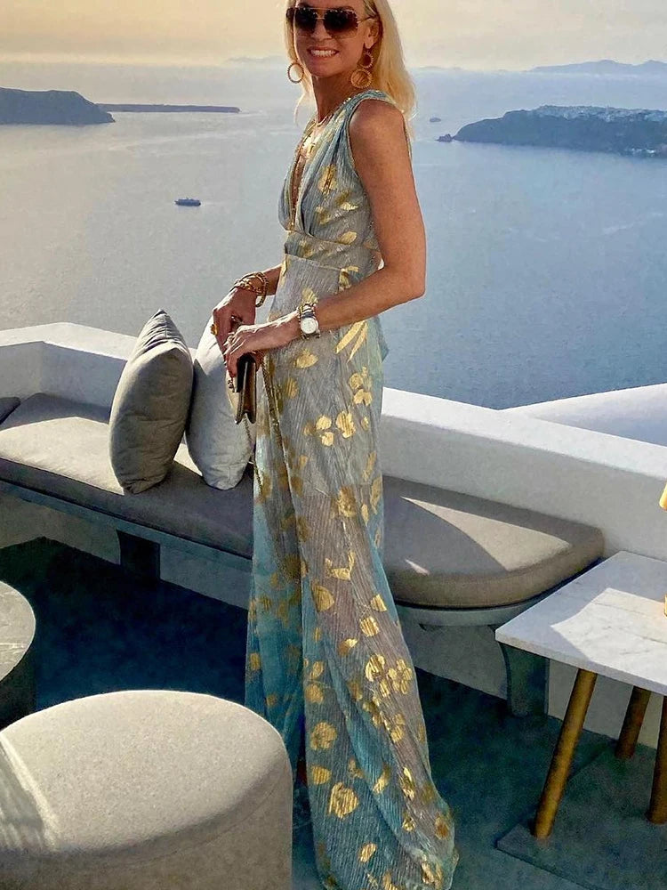 Summer Hollow High Waist Hem Tank Dress Elegant Gold Print Sleeveless Long Dress Sexy Deep V Neck Off Shoulder Boho Party Dress