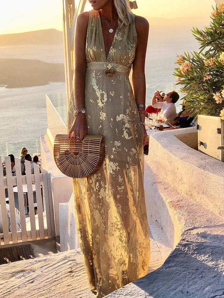 Summer Hollow High Waist Hem Tank Dress Elegant Gold Print Sleeveless Long Dress Sexy Deep V Neck Off Shoulder Boho Party Dress