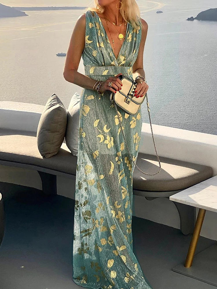 Summer Hollow High Waist Hem Tank Dress Elegant Gold Print Sleeveless Long Dress Sexy Deep V Neck Off Shoulder Boho Party Dress