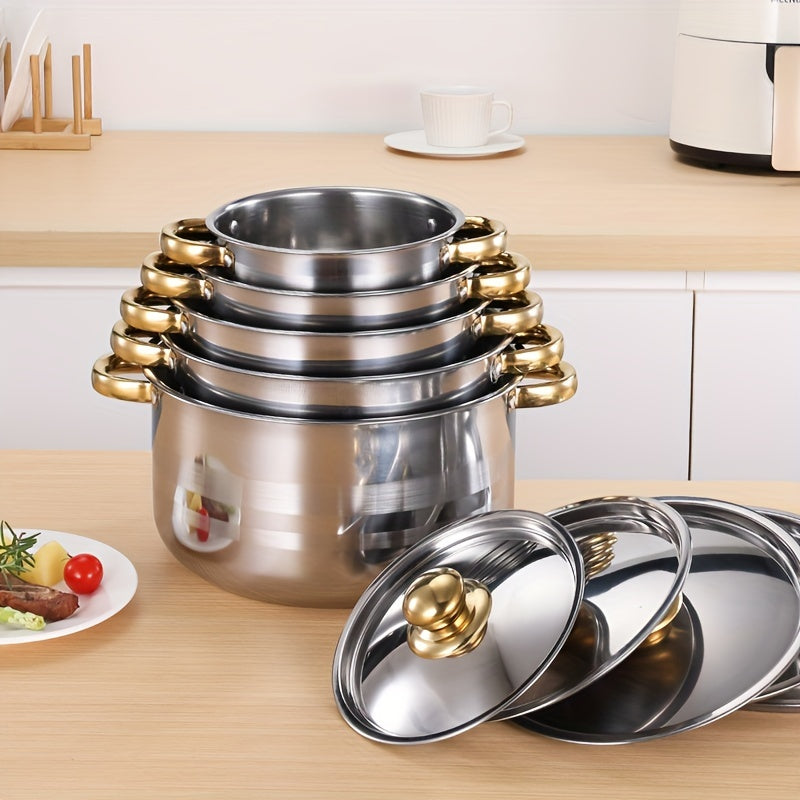 5pcs Premium 410 Stainless Steel Cookware Set with Elegant Golden Handles - Polished Finish, Induction Cooktop Compatibility, Sizes 18/20/22/24/26cm - Ideal for Healthy & Stylish Cooking