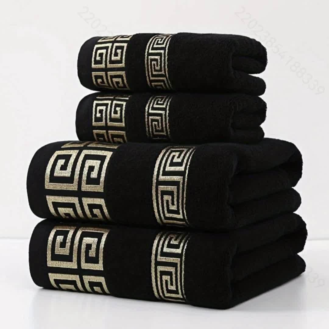 4pcs Luxury Bath Towel Set, 400GSM, Geometric Embroidery, Soft & Highly Absorbent, Cotton, No Shedding or Fading, Perfect for Home, Kitchen, Travel, Gift for Family & Friends