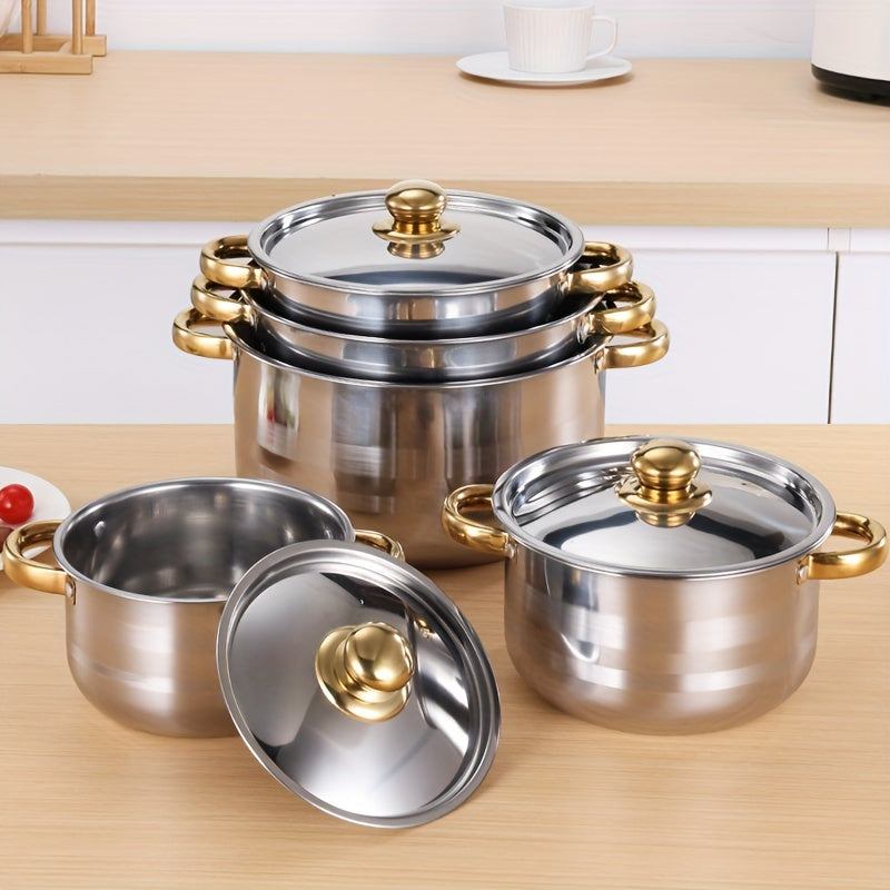 5pcs Premium 410 Stainless Steel Cookware Set with Elegant Golden Handles - Polished Finish, Induction Cooktop Compatibility, Sizes 18/20/22/24/26cm - Ideal for Healthy & Stylish Cooking