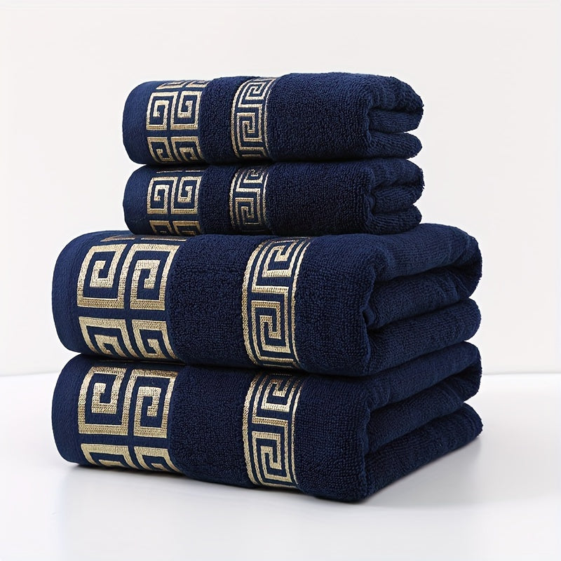 4pcs Luxury Bath Towel Set, 400GSM, Geometric Embroidery, Soft & Highly Absorbent, Cotton, No Shedding or Fading, Perfect for Home, Kitchen, Travel, Gift for Family & Friends